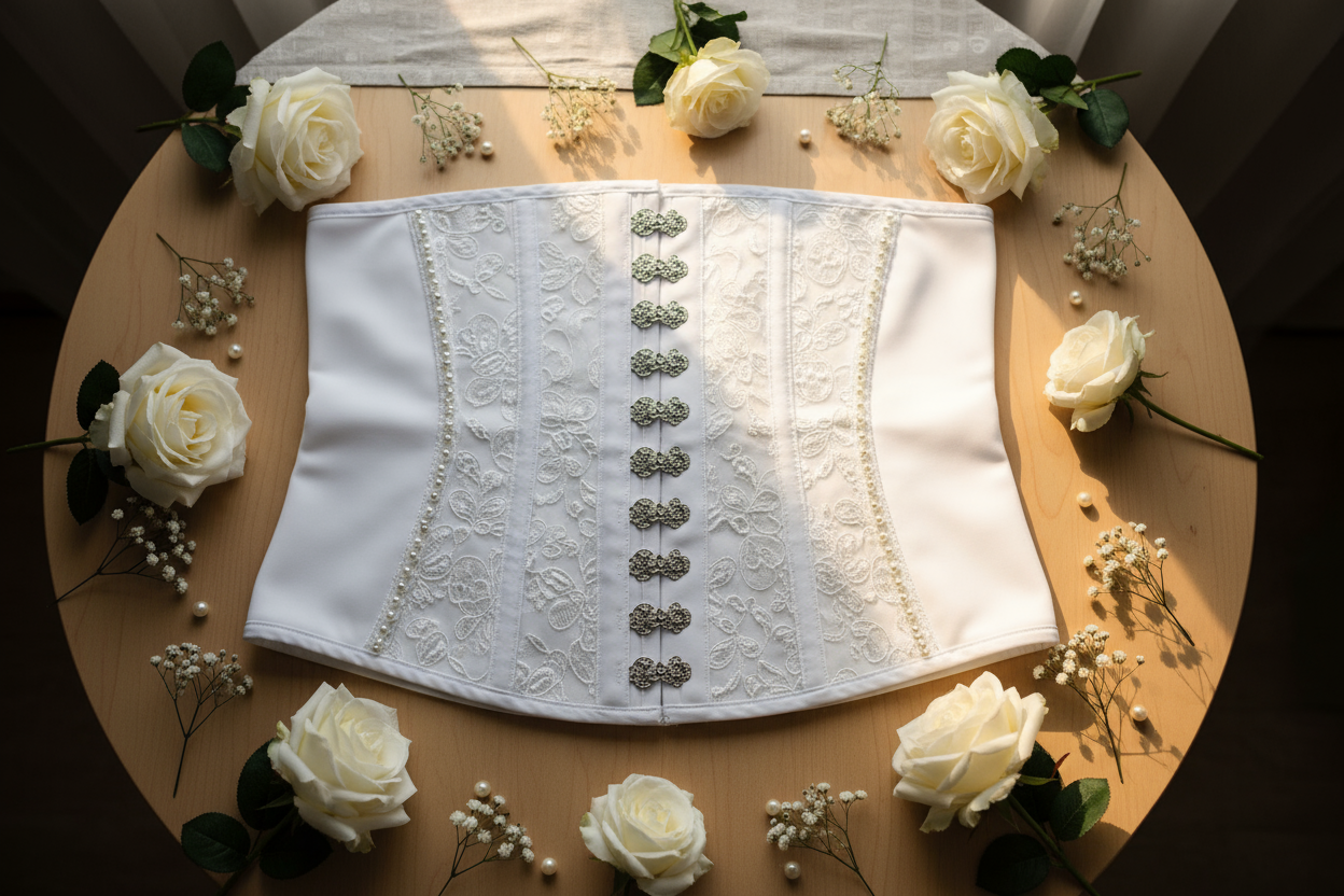 haz una hermosa faja con hermosa iluminacion foto tomada desde arriba en una mesa con pocas floras alrededor. lafaja es de un blanco precioso con hermososd etalles