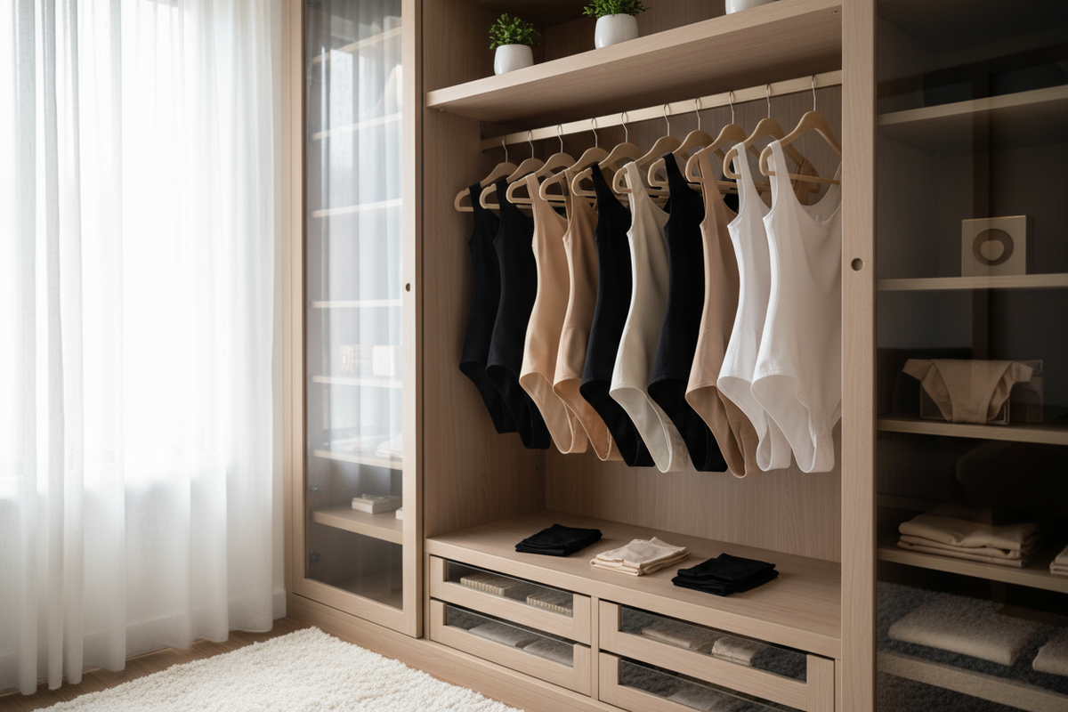 make a couple of shapewear hanging in a closet Beautifly with nice lighting. Create a variety of colors: shapewear black, beige, white.