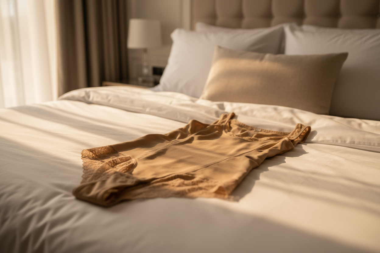 Make a shapewear piece on top of a bed beautifully with great lighting and colors